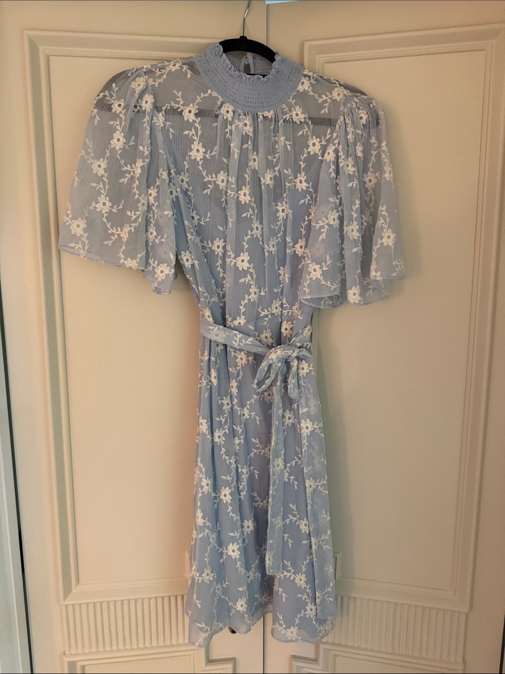Rebecca Taylor Light Blue Floral Midi Dress with White Embroidery
